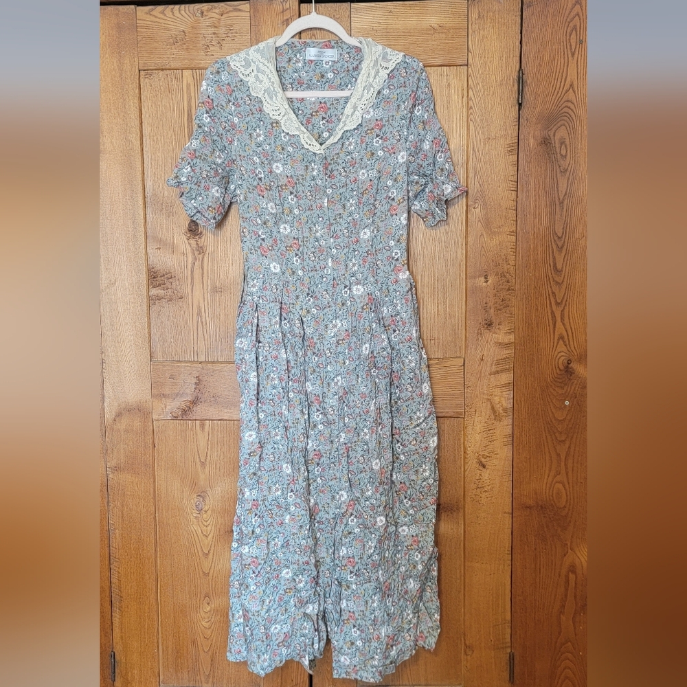 Marks & Spencer Blue Floral Midi Dress with Cream Lace Collar